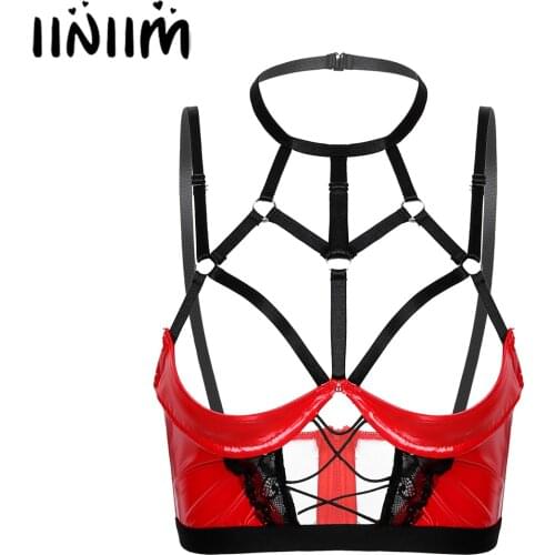 Iiniim Womens Femme Halter Neck Exotic Tanks Hollow Out Strappy Patent Leather Bra Tops Back Zipper Underwire Unlined Brassiere