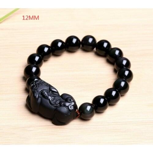 Fashion Natural Black Obsidian Pixiu One Coin Beads Bracelet Bangle