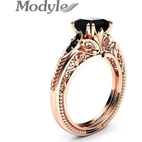 Modyle Rose Gold Color Flower Ring for Woman Black CZ Stone Fashion Jewelry Gifts Dropshipping