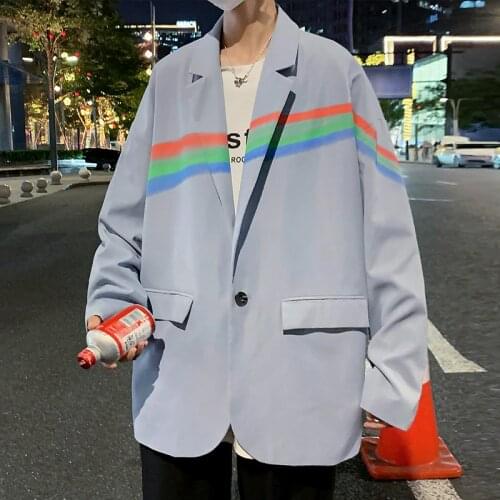 Men Casual Blazers Color Striped Suit Coat Male 2021 Autumn Fashion Streetwear Black Blue College Jackets Big Size Clothing