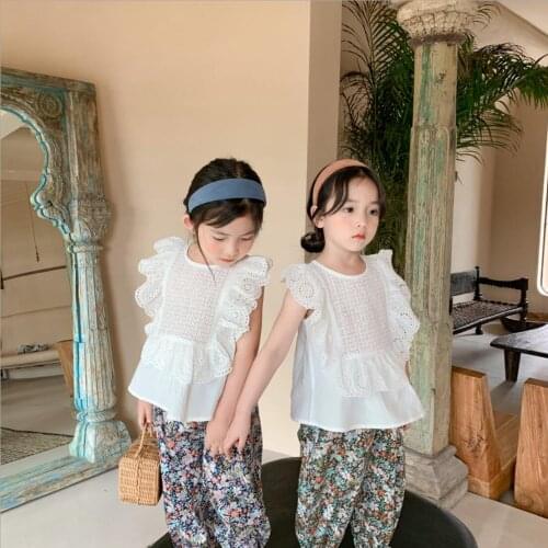 2021 new girls lace ruffles shirt cotton summer kids top