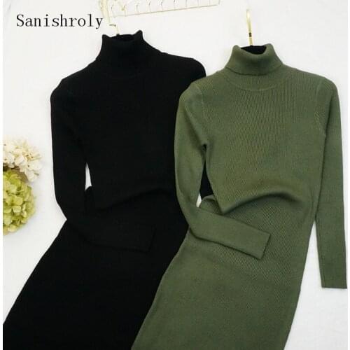 Sanishroly New Autumn Winter Women Knitted Dresses Bodycon Turtleneck Sweater Dress Female Long Sleeve Long Dress Vestidos SE876