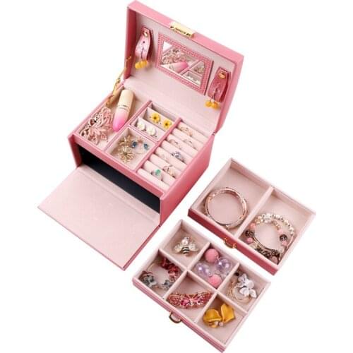 New 2021 Fashion 7 Colors With Small Protable Travel Jewelry Casket 3 Layers Gift Box High Quality Leather Jewelry Box