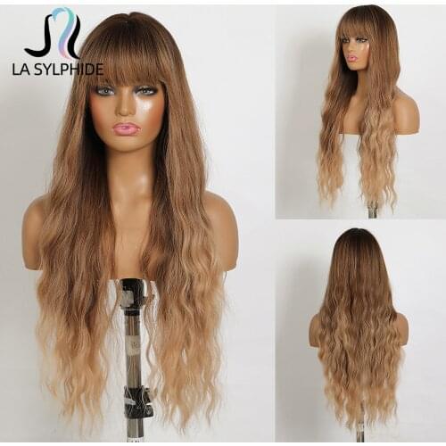 La Sylphide Synthetic Wig Long Afro Wave Dark Brown Ombre Brown Blonde Hair Wigs with Bangs for Black White Woman Heat Resistant