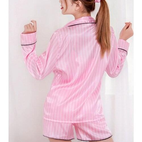K3NF 7Pcs Pajamas Set Women Casual Faux Silk Sleepwear Striped Cute Lingerie Pink New