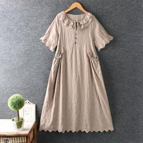 Lamtrip Retro Unique Full Floral Embroideru Short Sleeve Layers Peter Pan Collar Cotton Dress 2021 Autumn