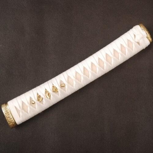 Straight Tsuka Handle Fitting with White Silk Ito & Genuine White Rayskin & High-grade Fuchi Kashira for Japanese Sword Katana