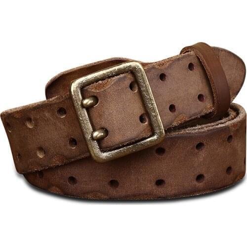 LGFD20614 Double needle copper buckle belts retro first layer of pure leather full grain leather belt