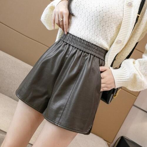 Ailegogo Streetwear Women Pu Leather Wide Leg Shorts New Autumn Female Straight Loose Elastic Waist Faux Leather Ladies Shorts