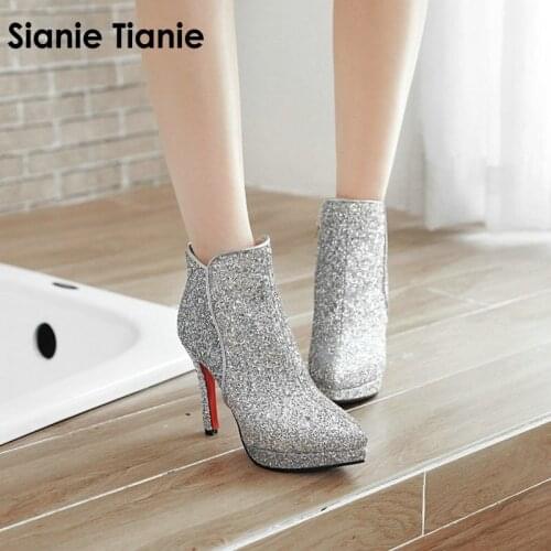 Sianie Tianie bling bling glitter sequined fabric woman high heels shoes golded silver women party wedding ankle boots size 48