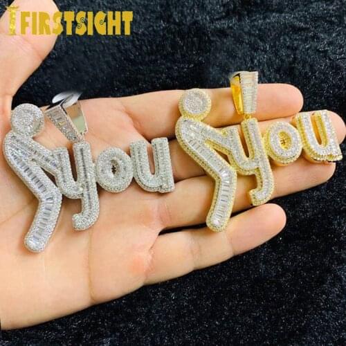 New Iced Out Bling Full 5A Zircon CZ Letter F You Pendant Necklace Silver Color Personality Charm Men Fashion Hiphop Jewelry