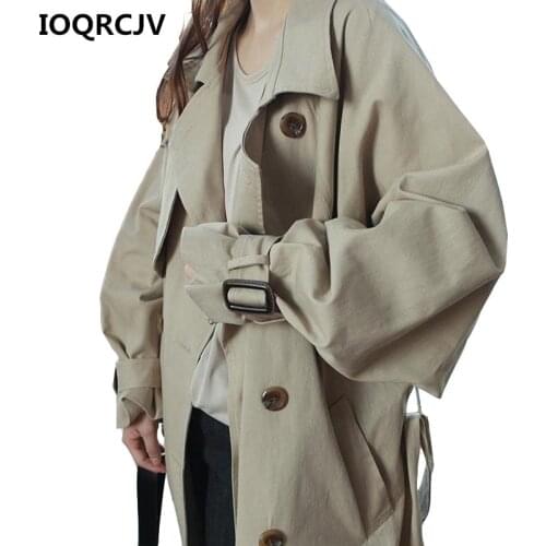 Khaki Trench Coat Casual Womens 2019 Spring Autumn Long Elegant With Belt Overcoat Fashion Double Breasted Loose Outerwear R218