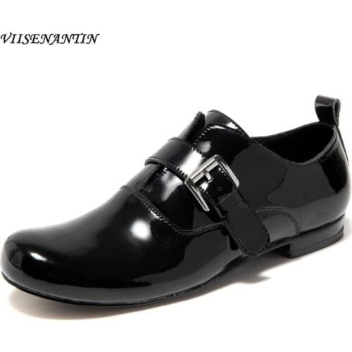 Fashion Black Belt Buckle Flat Britsh Flat Party Mary Jane Shoes Shiny Cowhide Leather Dark Retro Womens Casual Lace-up Shoes