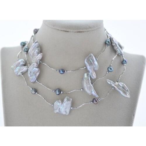 Z10782 40" 30mm Gray Baroque Double Biwa Black Round Pearl Hematite Necklace