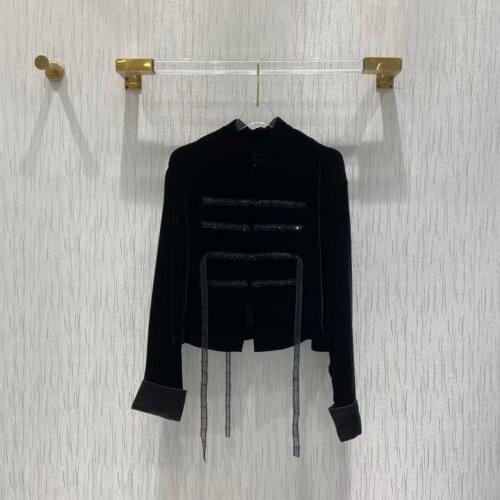 New Fashion Runway 2021 Designer Jacket Womens Long Sleeve Velvet Black Lace Tassel Solid Hot Sale Jacket Outer Coat