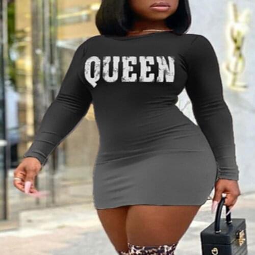 Womens Spring And Autumn New Sexy Tight Fashion Round Neck Gradient Personalized Printing Long Sleeve Letter Miniskirt Party