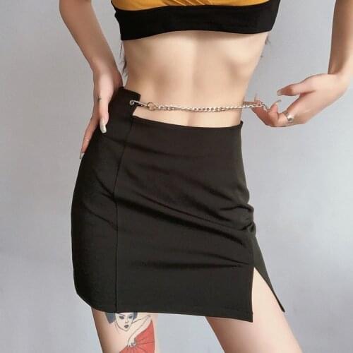 Gothic Chain Sexy Skirt Black Bodycon Casual Fashion A Line Skirts Y2k 2021 Summer High Waist Split Elegant Vintage Women Skirt