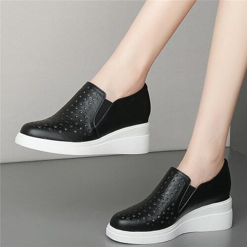 7cm High Heel Summer Creepers Women Breathable Genuine Leather Wedges Ankle Boots Female Round Toe Fashion Sneakers Casual Shoes