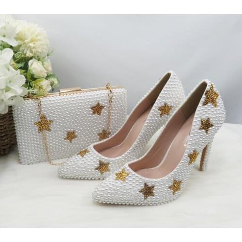 BaoYaFang White Pearl Gold Star Women Wedding Shoes With Matching Bag Bride Pointed Toe Party Dress Shoes Woman Big Size Pumps