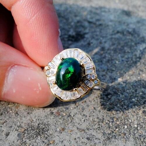 100% Real Natural Opal Ring with Multicolor Black Opal Oval 6x8mm 925 Sterling Silver Wedding Rings Women Adjustable Rings Size