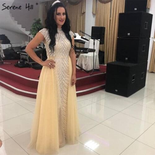 Serene Hill Dubai Gold Luxury Beaded Evening Gown 2021 O-Neck Sleeveless Mermaid For Women Formal Party Dress CLA60777