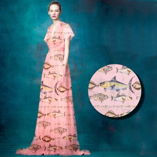 135cm wide 8mm fish print thin pink silk chiffon fabric for summer long and short dress blouse shirt D694
