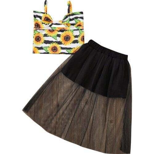 2 Pieces Kids Suit Set, Girls Stripe/ Sunflower Print Sleeveless Tops+ Solid Color Skirt for Summer,White/Black