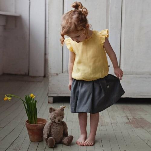 Summer Girls Cotton Linen Blouses Tops Ruffle Sleeve Casual Children Kids Clothes Shirts TZ33