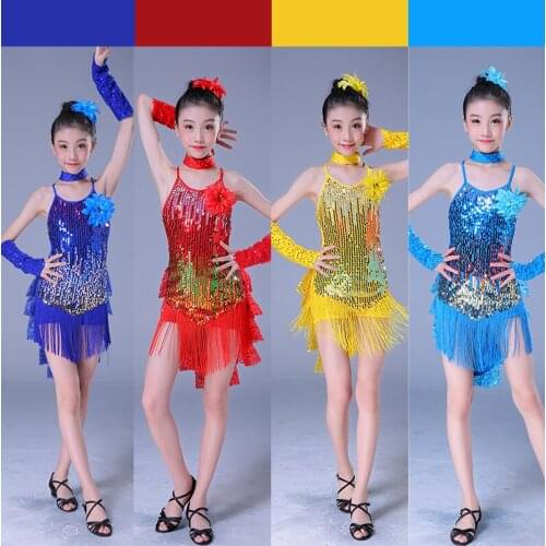 Child kid children professional latin dance dress for girls ballroom dancing dresses for kids red sequin fringe salsa tassel
