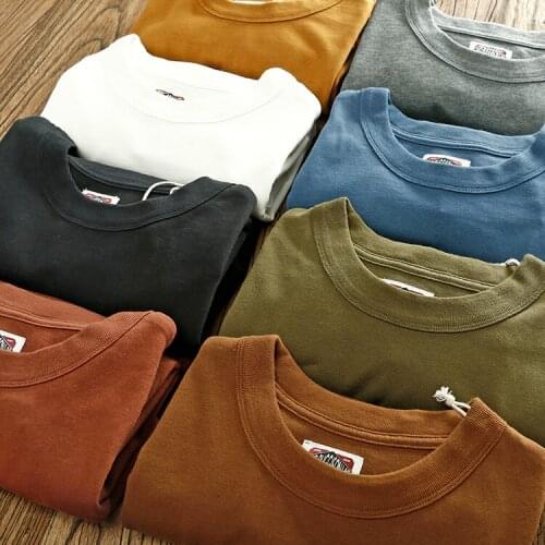 Autumn New American Retro Mens Fashion Simple Long Sleeve O-neck 100% Cotton Solid Color T-shirt Washed Old Casual Tops 8colors