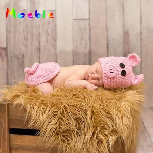 Hot Sale Newborn Baby Girls Pink Pig Outfit Knitted Infant Baby Photography Props Cartoon Costume For Girl Crochet Baby Hat