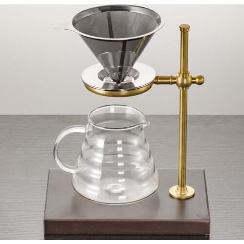 Stainless Steel Cone Coffee Dripper Double Layer Mesh Coffee Filters Copper & Wood Coffee Filter Holder Stand Coffee Accessories