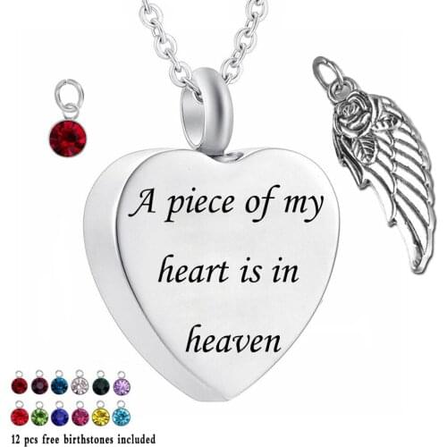 A piece of my heart is in heaven 12 Piece Birthstone and wings Urn Necklace Heart Memorial Pendant Cremation Jewelry for Ashes