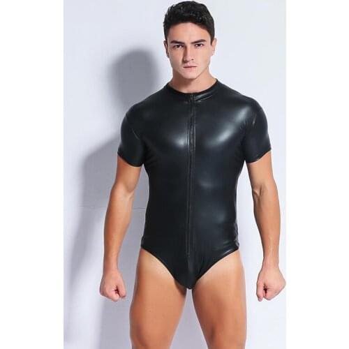 Sexy Men Black Patent Leather Front Zipper Stretchy Male Bodysuit Catsuit Teddy Lingerie Jumpsuit Night Clubwear Erotic Costumes