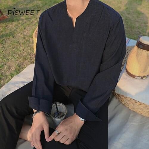 Solid V-neck Shirt Men Korean Long Sleeve Loose Mens Shirt