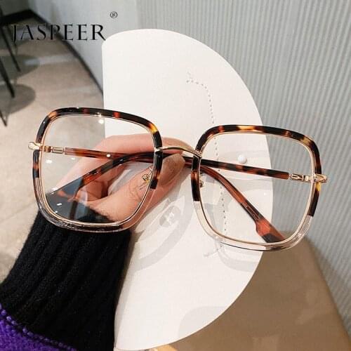 JASPEER Elegant Blue Filter Eyeglasses Frame Women Overszied Square Reading Glasses Presbyopic Clear Green Leopard Decorations