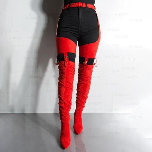 BERZIMER Women Thigh High Chap Boots Faux Suede BlockHeels Buckle Strap Side Zip Over Knee Boots Shoes Ladies Size 38 44 45 47