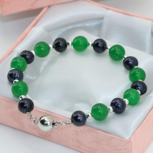 Top quality luxury popular 7-8mm black pearl 8mm green jades round beads elegant bracelers women charms jewelry 7.5inch B2752
