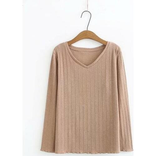 Plus Size XL-4XL Womens Strechable Tshirt V-neck Casual Shirts Long Sleeved Tops Vintage Shirts