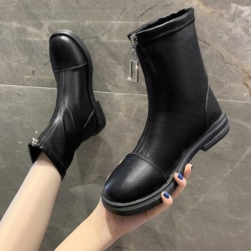 Women Boots Flat Black Classic Round Toe Front Zipper Ladies Ankle Boots Pu Leather Comfort Females Soft Shoes Spring Summer