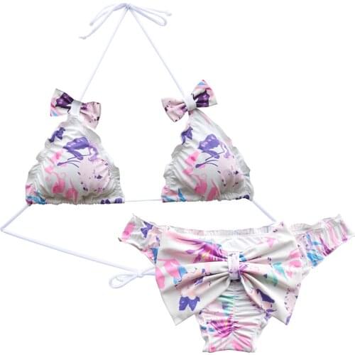 Summer Women Triangle Bikini Set Bow White Printing Secret Swimsuit Biquini Thong Bottom Brazilian Bathing Suit Cheeky Swimwear