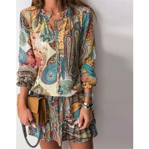 Women Vintage Fashion Print Party Dress Sexy V-Neck Lace-Up Tassel Loose Mini Dress Elegant Long Sleeve A-Line Dress Vestido 2XL