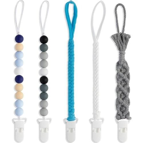 5Pcs/set Baby Blue Grey Silicone Pacifier Clips Teething Training Toys Pregnant Gift Braided Cotton Rope Chew Beads for Infant