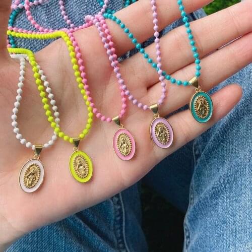5Pcs New Enamel Oval Shaped Necklace Beaded Necklaces Brass Christian Virgin Mary Pendant Necklaces Ladies Jewelry Accessories