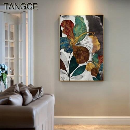 Abstract Gold Bloom Flower Painting Modern Blue Poster Print Luxury Wall Canvas Picture for Living Room Pop Art In Saudi Arabia
