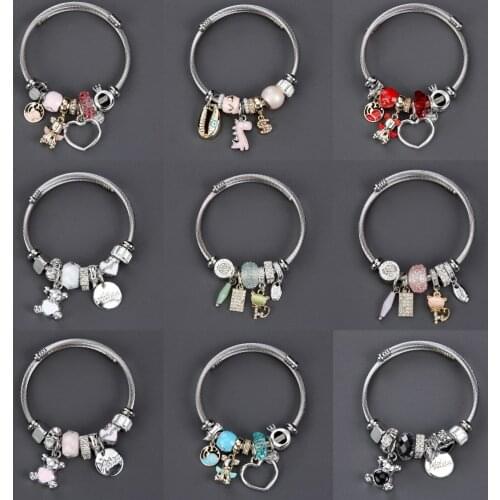 Stainless Steel Dinosaur Heart Shell Angel Charm Bracelet Crystal Adjustable Open Cuff Wire Bangle Jewelry for Women Girl