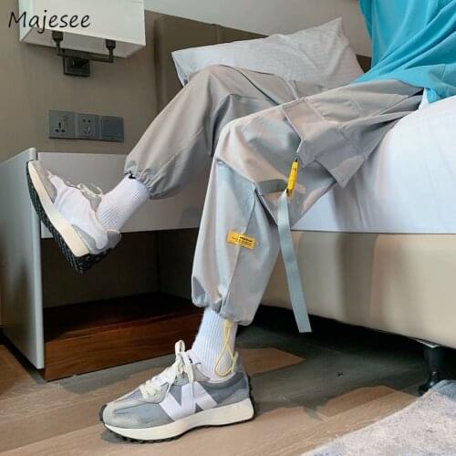Men Casual Cargo Pants Pockets Loose Joggers Wide Leg Harajuku Streetwear Trousers Summer All-match Elastic Waist Ankle Length