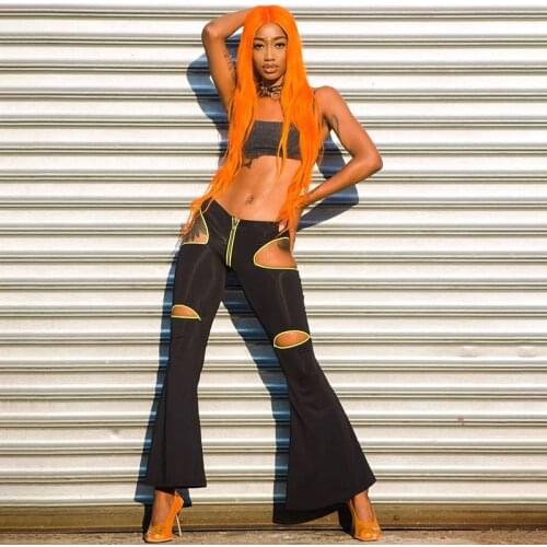 2021 Low Rise Hollow Out Flare Pants Sexy Black Sweatpants Clothes Streetwear Trousers