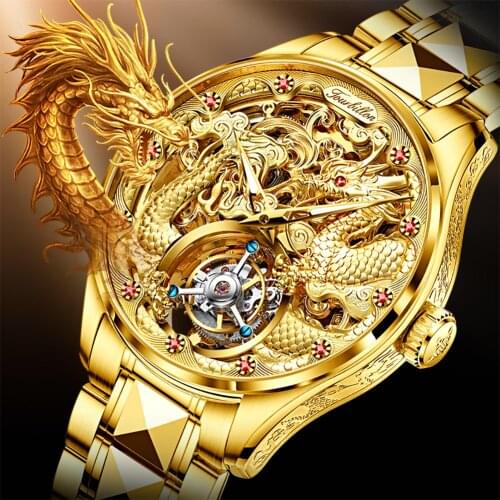 OUPINKE Gold Real Tourbillon Mechanical Skeleton Watch Sapphire glass Watches Rotary Hand Wind Wristwatch Man watches Gifts set