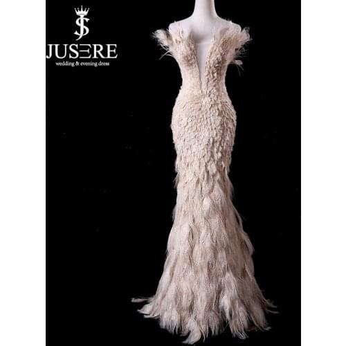 Off Shoulder Plugging V neckline Zipper Up Back Floor Length Elegant Queen Luxury Feather Mermaid Champagne Evening Dress 2018
